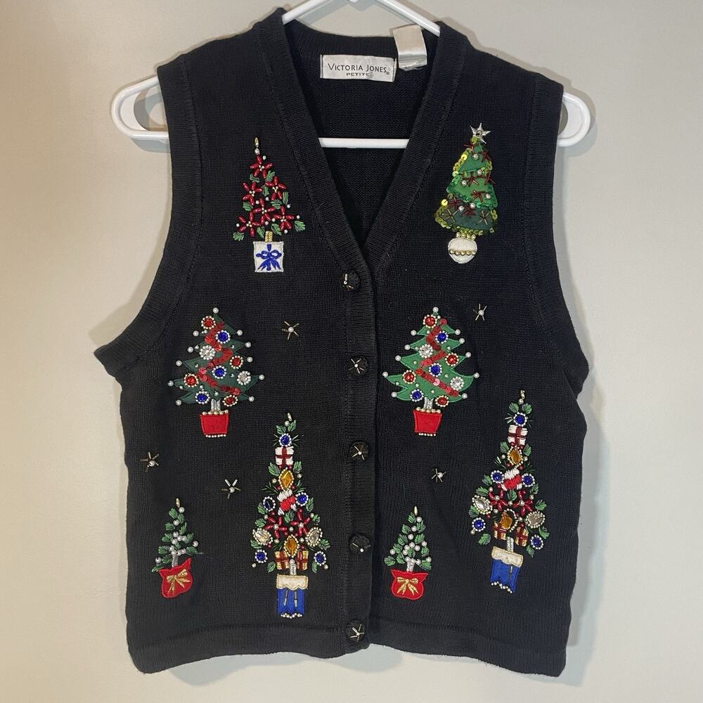 Victoria Jones Sweater Vest Womens Petite L Christmas Trees Embroidered Beaded